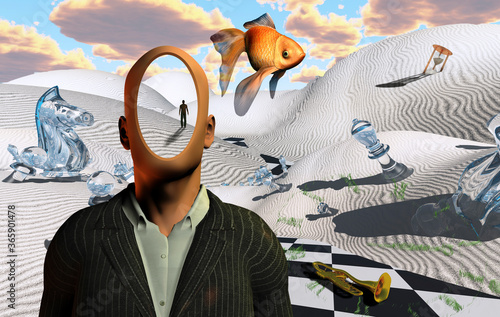 Obrazy Salvador Dali  surrealistyczna-pustynia-z-figurami-szachowymi-klepsydra-i-trabka-mezczyzna-bez-twarzy-w-garniturze-postac-czlowieka