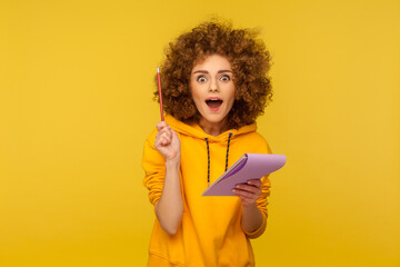 Portrait of inspired joyful curly-haired woman in urban style hoodie looking amazed with sudden genius idea and holding pencil to write in notebook. indoor studio shot isolated on yellow background