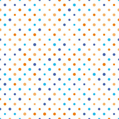 Sticker - Seamless polka dot pattern. Orange and blue dots in random sizes on white background. Vector illustration