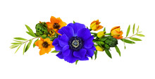 Orange Ornithogalum Flowers And Blue Anemones In A Floral Arrangement