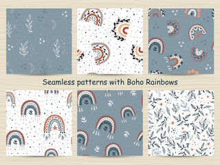 Canvas Print - Set of seamless patterns with rainbows in bohemian style