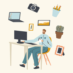 Wall Mural - Relaxed Business Man or Freelancer Character Working on Computer Sitting at Desk Workplace in Office or Home, Freelance