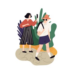 Wall Mural - couple enjoying nature at summer vacation vector flat illustration. tourist woman admiring landscape