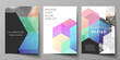 Vector layout of A4 format cover mockups design templates with colorful hexagons, geometric shapes, tech background for brochure, flyer layout, booklet, cover design, book design, brochure cover.