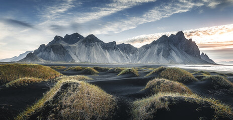 icelandic seascape. wonderful evening landscape of vestrahorn iceland at stokksnes on the southeaste