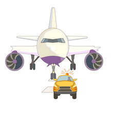 Follow Me Car Accompanying An Airplane On White Isolated Background, Vector Illustration To Make Prints, Posters Using As An Original Art Or Element Of Design In Airport Ground Facilities Topic.