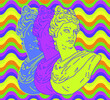 Pop art style collage with colorful gypsum heads. Illustration with psychedelic trippy vibe.