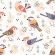Seamless folk style pattern of cute birds with geometric elements.