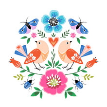 Bright Colorful Folk Style Illustration With Birds, Flowers, Butterflies And Bugs On White Background.