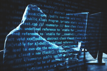 hacker using computer with programming code.