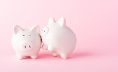 International Friendship Day, Front two small white fat piggy bank, studio shot isolated on pink background and copy space for use, Finance, deposit saving money concept