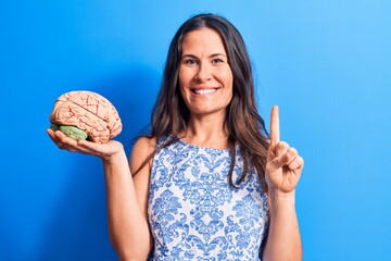 Young beautiful brunette woman asking for care memory holding brain over blue background smiling with an idea or question pointing finger with happy face, number one