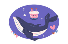 Happy Birthday, Whale! Cute Funny Ocean Animal Swim Around Birthday Cake With Celebration Candles. Poster Or Greeting Card For World Whale And Dolphin Day. 