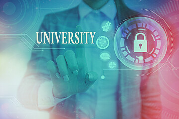 Word writing text University. Business photo showcasing an educational institution designed to teach and investigate Graphics padlock for web data information security application system