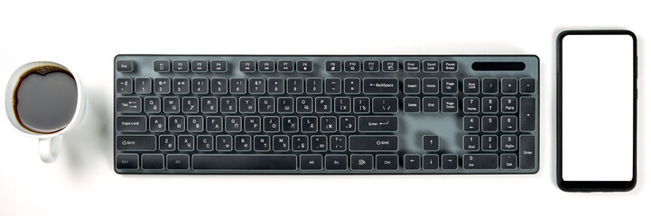Wall Mural - smart phone with blank display screen to add custom image. white office space with computer keyboard