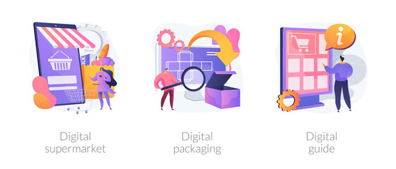 Sticker - Online services abstract concept vector illustration set. Digital supermarket and packaging, digital guide, AR labels software, online payment, grocery store, mobile guide app abstract metaphor.