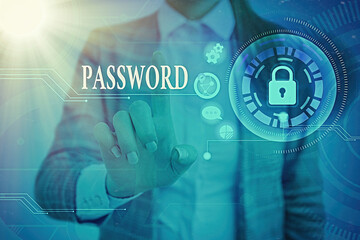 Wall Mural - Word writing text Password. Business photo showcasing the hidden word or expression to be used to gain access to something Graphics padlock for web data information security application system