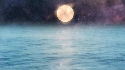 Wall Mural - 4k video animation of beautiful night scene near the riverside with the bright full moon, foggy star