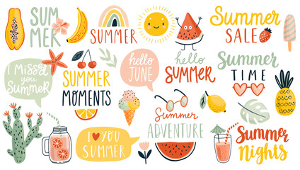Poster - Summer hand drawn Lettering calligraphyc set. Hello Summer, summer time, food, drinks, fruits and other elements.