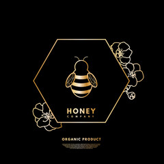 Vector gold line honey logo for company, label isolated on black background.