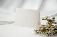 Mockup Blank Card, For Name Place, Folded, Greeting, Invitation With Wax Flower On White Background.