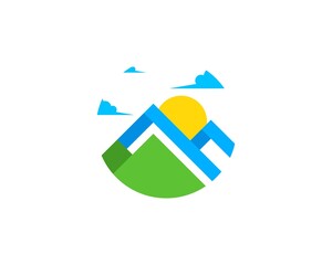 Sticker - Circle shape with abstract mountain and sun