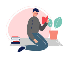 Sticker - Guy Sitting on the Floor and Reading a Book, Male College or University Student, Young Man Spending Spare Time by Reading Literature Vector Illustration