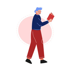 Sticker - Guy Walking and Reading a Book, Male College or University Student, Young Man Spending Spare Time by Reading Literature Vector Illustration