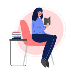 Sticker - Girl Sitting on a Chair and Reading a Book, Female College or University Student, Young Woman Spending Spare Time by Reading Literature Vector Illustration