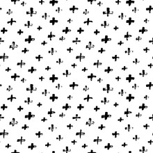 Black Crosses Vector Seamless Pattern. Hand Drawn Cross And Plus Sign. Black Paint Brush Strokes Geometrical Pattern For Wallpaper, Web Page Background, Textile Design, Graphic Design. 