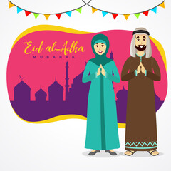 Wall Mural - Eid al Adha greeting card. cartoon arab couple celebrating Eid al Adha with mosque as background. vector illustration
