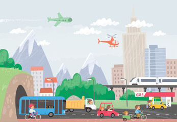 City traffic picture, transport in the city. Cars, bikes, bus on the road. Outdoor illustration.