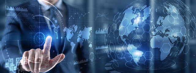 Wall Mural - futuristic earth globe hologram and hud interface panels control dashboard. business intelligence da