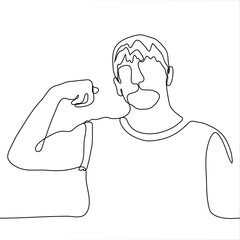 Wall Mural - one line drawing of a sporty man bent his arm at the elbow protruding biceps. Vector illustration of an athletic slender man showing his muscles on his arm.