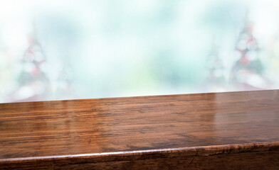Aufkleber - Perspective wood table with blur Christmas tree decorate string light and blue bokeh with snow light.Panoramic wooden countertop banner mock up for product display greeting card design online content