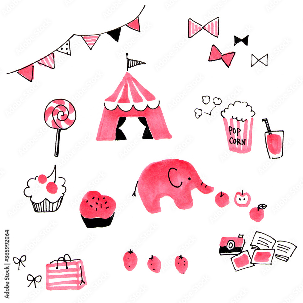 A cute hand-drawn elephant and circus illustration set. Picture