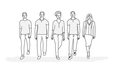 Sticker - Young team members stand. Line drawing vector illustration.