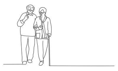 Wall Mural - Old man and woman walking together. Line drawing vector illustration.