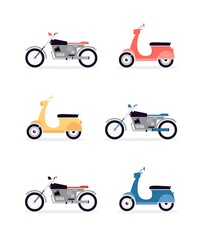 Wall Mural - Set of motorcycles, scooters and motorbikes flat vector illustration isolated.