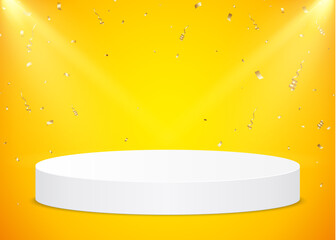 White round podium with spotlights and gold confetti on a yellow background. Vector pedestal for product presentation