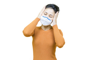 Headache,Young asian woman in brown shirt wore medical face mask isolated on white background,health care concept.