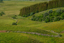 Rural Scene In The French Landscape With Dry Stone Walls , Aubrac ,Lozere , France.