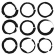 Set of vector circles grunge black stickers isolated on white background. A group of labels with uneven rough edges drawn with an ink brush. Vector design elements, 9 circle frames. Grunge backgrounds