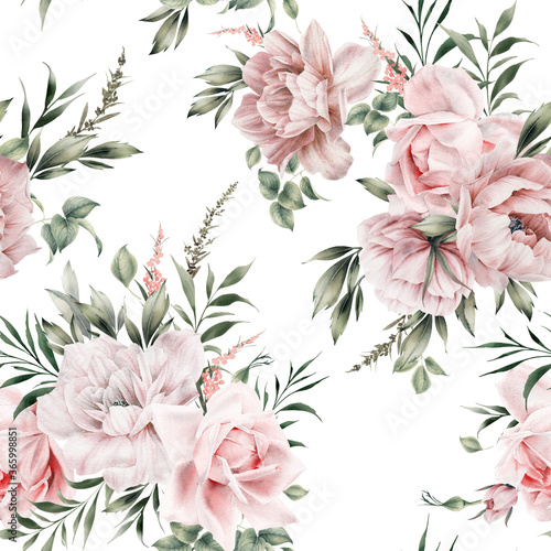 Fototapeta na wymiar Seamless floral pattern with flowers on summer background, watercolor illustration. Template design for textiles, interior, clothes, wallpaper