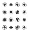 © Wise ant - Sun icon. Circles with sunlights. Silhouettes for sunrise or sunset. Set of black logos for art, cartoon and meteorology. Symbol of nature, burst, summer and hot. Graphic shapes for label. Vector