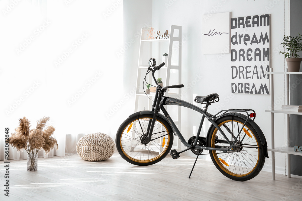 Stylish interior of room with bicycle