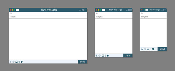 Email template. Window of mail in browser with interface. Blank message on screen of computer, phone, tablet. Layouts and forms with boxes for contacts, addresses of email. Web mockup with ui. Vector