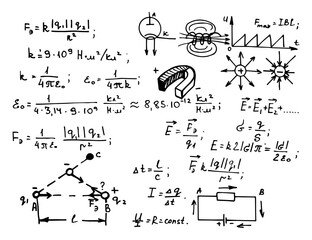 Wall Mural - Electric magnetic law theory and physics mathematical formula equation. Physical equations on whiteboard. Education and scientific  background. Vector hand-drawn illustration.