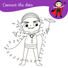 Connect The Dots By Numbers Children Educational Game. Halloween Theme, Little Vampire