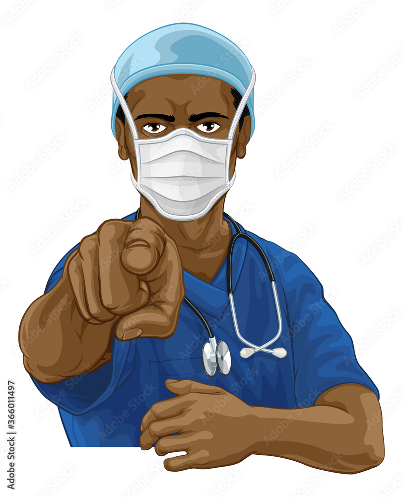 A doctor or nurse medical healthcare professional wearing scrubs uniform. Pointing at the viewer in a needs or wants you gesture with serious but caring look. Wearing PPE including face mask. - obrazy, fototapety, plakaty 